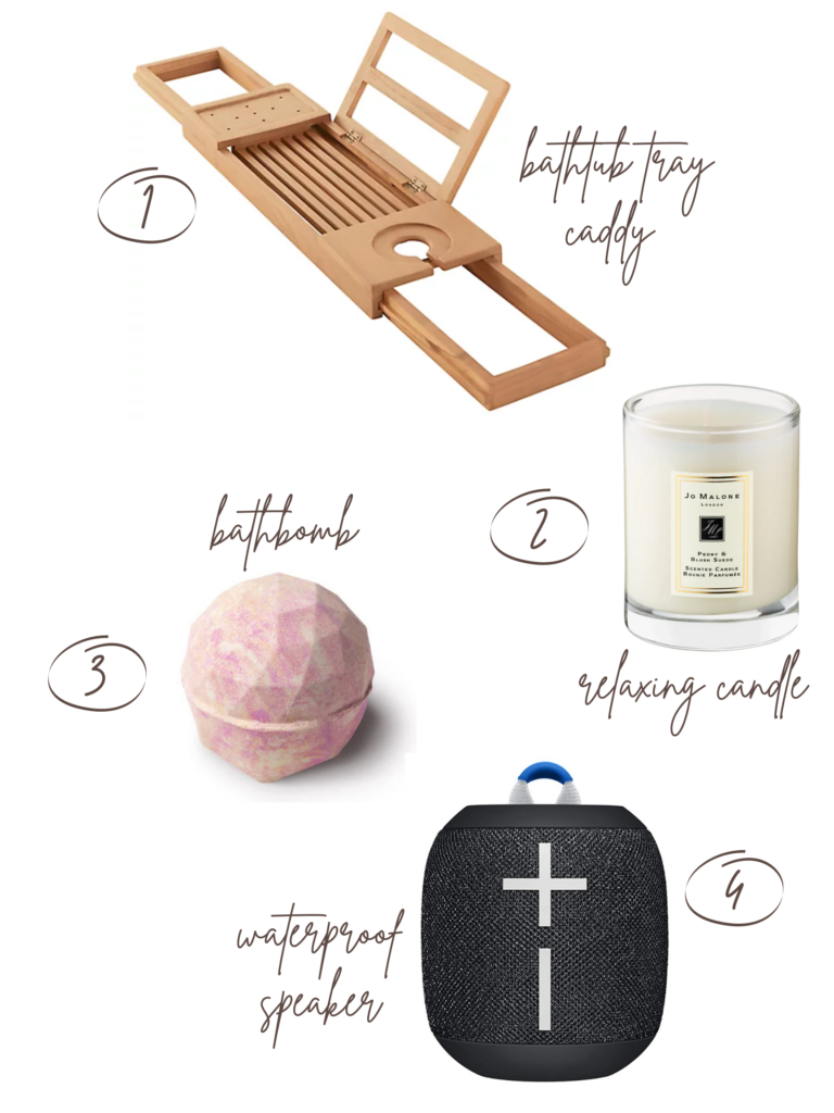 items to have an indulgent bath. bathtub tray caddy, jo malone candle, bathbomb lush, wonderbook waterproof speaker