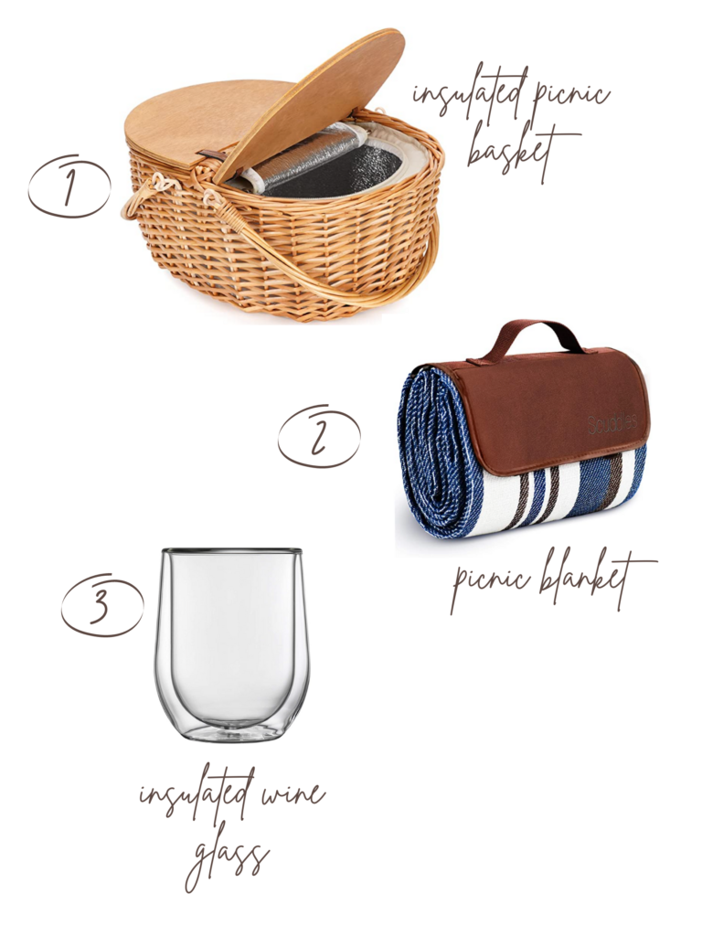 items to have a lovely picnic outside on valentine's day; picnic basket, picnic blanket, insulated wine glass